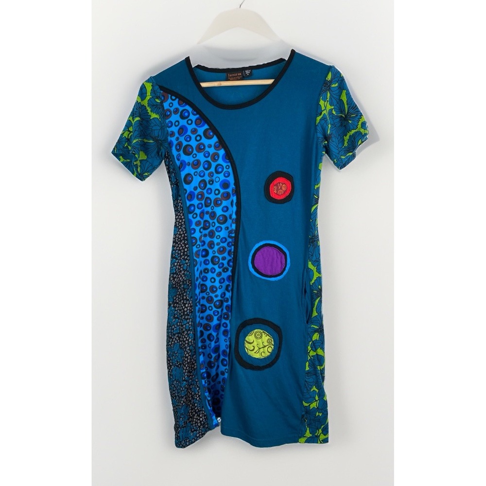 Lunie Va Women's M Blue Colorful Cotton A-Line Dress Handmade in Nepal